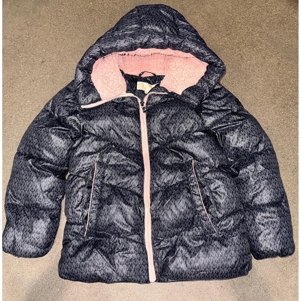 Michael Kors Girls Puffer Jacket MK Logo Pink Sherpa Lined Hood Black 10/12
